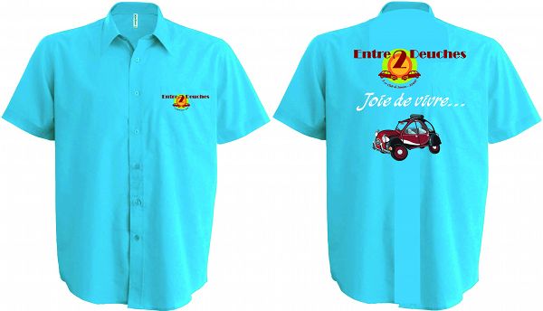 Chemise bleue turquoise, flocage cœur et dos imprimé et découpé